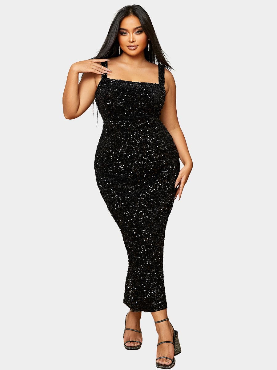 Plus Size Square Neck Sleeveless Sequin Midi Dress PXJ468